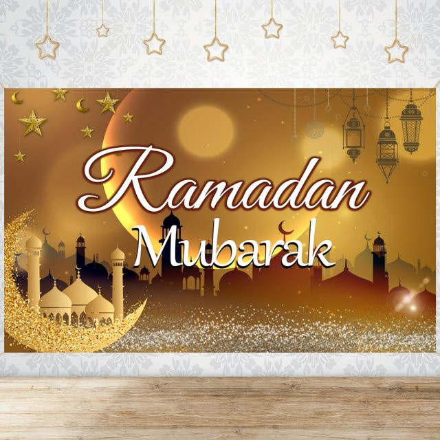 VIKAMA Ramadan Banner Gold mit Laternen-Motiv aus Textil für deine islamische Festtagsdekoration - Bild 1