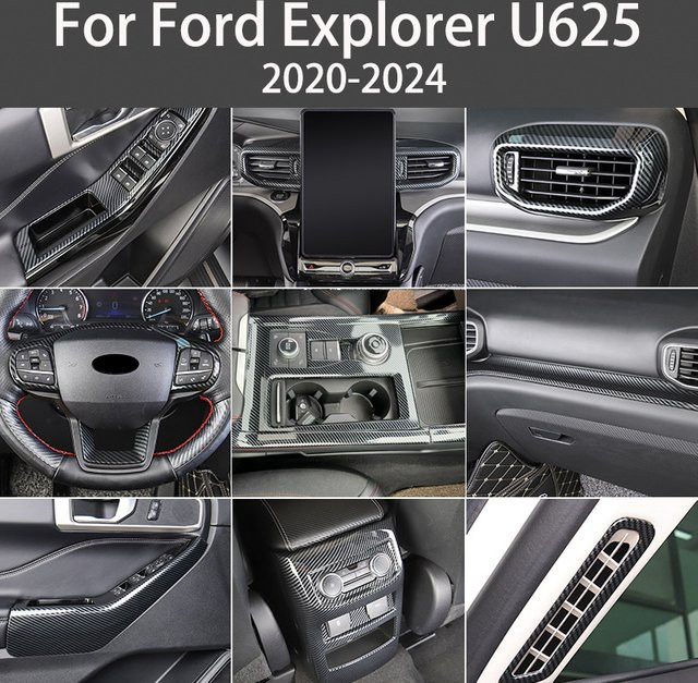 Mittelkonsolen-Panel und Schaltrahmen in Carbonfaser-Optik für Ford Explorer U625 (2020-2024), Fenster Schalter Verkleidung Innenraum-Zubehör, Schwarz - Bild 1