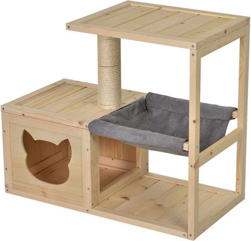 PawHut Katzenhaus aus Tannenholz mit Hängematte und Sisal-Kratzbereich, beige, B/T/H: 70 x 60 x 35 cm - Bild 4