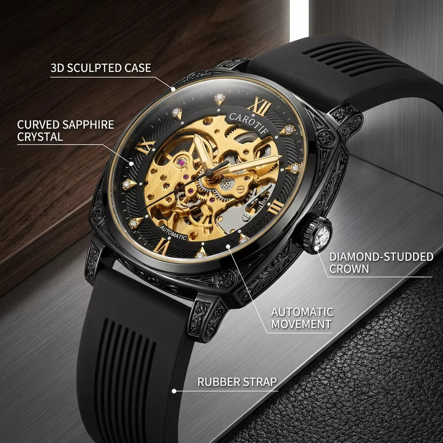 CAROTIF Armbanduhr Mechanisch, Goldzifferblatt, Silikonarmband, Herren - Bild 2