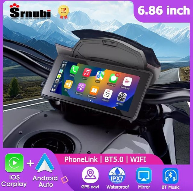 Srnubi Motorrad Dash Cam mit 6.86 Zoll Display, GPS, Wireless CarPlay und Android Auto, Dual Kamera vorne und hinten, IP67 wasserdicht, Schwarz - Bild 1