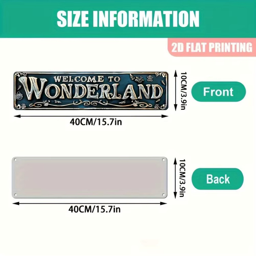 Retro Aluminiumschild Welcome to Wonderland von Hello Young mit blaugrünem und goldenem Blumenrand, B/H: 40,0 x 10,0 cm - Bild 2