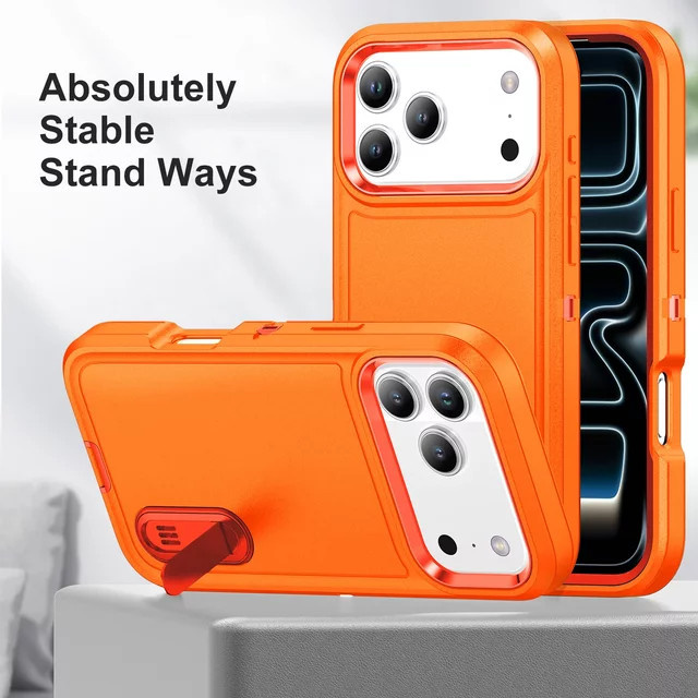Stoßfeste Hybride PC-Hülle mit unsichtbarer Halterung für iPhone 17 Pro Max, 16, 15, 14, 13, 12, 11 Plus in Schwarz und Orange - Bild 1