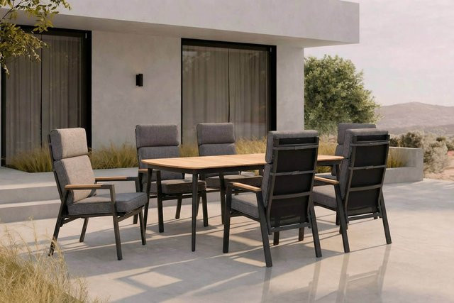 OUTFLEXX Garten-Essgruppe in Anthrazit Matt mit 6 Sesseln, Teakholz-Armlehnen und Polstern, B/T: 184 x 100 cm - Bild 1