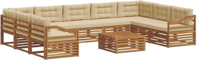 vidaXL Sofagarnitur aus Massivholz Akazie in Natur und Beige, 10-teiliges U-Form Gartenmöbel-Set mit Polstern - Bild 1