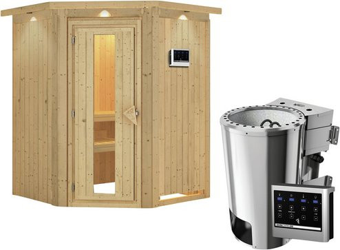 Karibu Sauna Wolmar aus Fichtenholz mit 3,6 kW Saunaofen und externer Steuerung für 3 Personen, beige - Bild 1