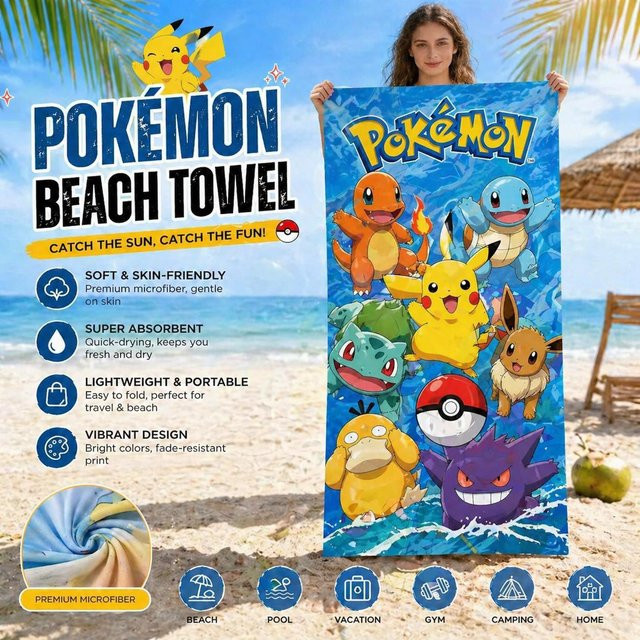 P-Pokémon Mikrofaser-Strandtuch mit Pikachu Schiggy und Bisam Motiv, Saugfähiges Badetuch für Strand und Pool, B/H: 40 x 60 cm - Bild 1