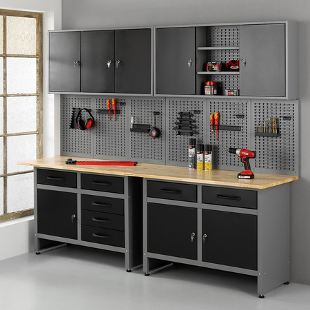 Kraft Werkzeuge Garagenschrank 6-teilig schwarz grau mit Pegboard und abschließbaren Türen B: 240 cm, H: 120 cm, T: 60 cm