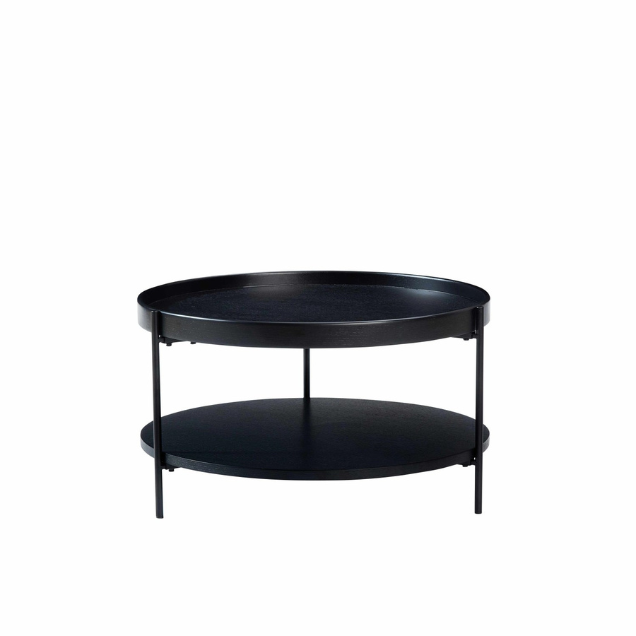 okwish Couchtisch aus Massivholz und Metall in Schwarz, runder 2-stöckiger Wohnzimmertisch, Durchmesser: 69 cm, Höhe: 38 cm - Bild 2