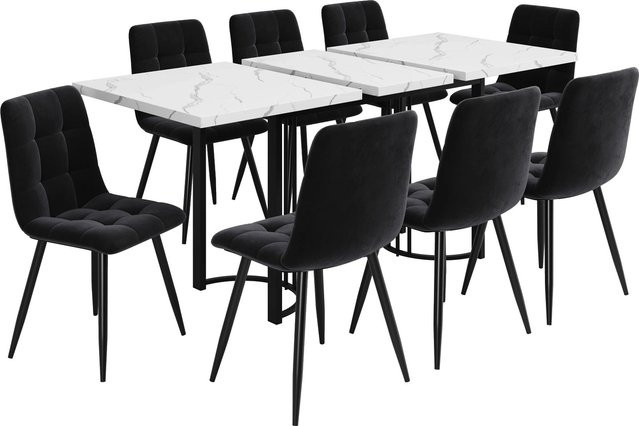 Merax Essgruppe 9-teilig in Schwarz und Weiß mit Samtstühlen, moderner Esstisch mit MDF-Platte und Metallgestell, B/T/H: 140 x 80 x 75,5 cm - Bild 1