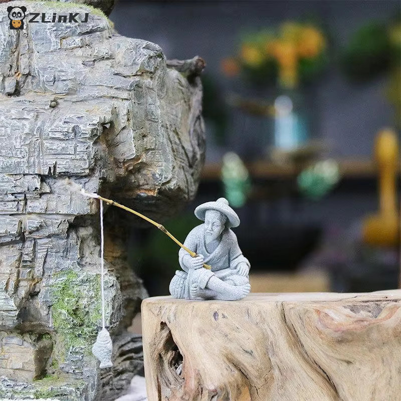 JETTING Mini-Fischer-Statue aus Sandstein in Grau als asiatische Zen-Dekoration für Aquarium und Garten - Bild 4