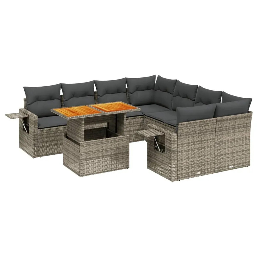vidaXL 9-teilige Garten-Sofagarnitur aus Poly-Rattan und Akazienholz in Grau mit Kissen - Bild 2