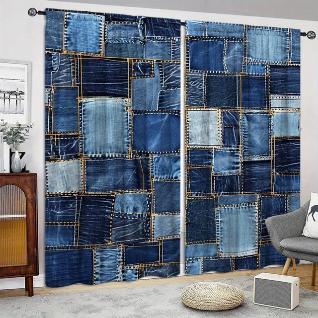Jeans Splicing Vorhang mit Grafikdruck für deine Heimdeko, Grau/Blau, B: 52,5 cm, H: 116 cm, 2er-Set - Bild 1