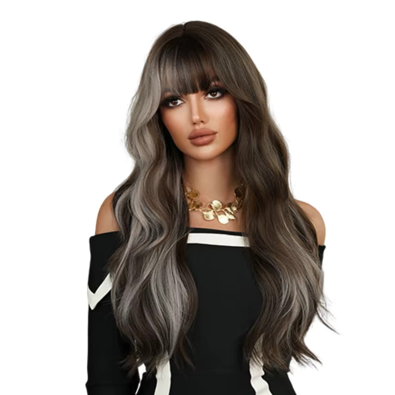 7JHH WIGS Perücke, Lange Wasserwellen, Dunkelbraun-Ombre-Weiß, Damen - Bild 5