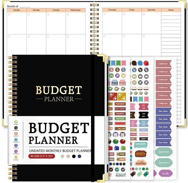 Binchi Outdoor Product Budgetplaner Schwarz mit Spar-Tracker, Schulden-Tracker und Ausgabenprotokoll, Spiralgebundenes Monatsbudgetbuch mit Aufklebern und Hardcover - Bild 1