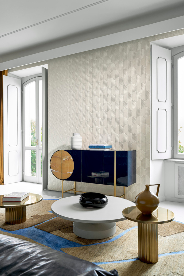 Arte International Tapete Anicca in Ecru mit abstraktem Streifenmuster aus Textil und Vlies in Beige und Weiß - Bild 1