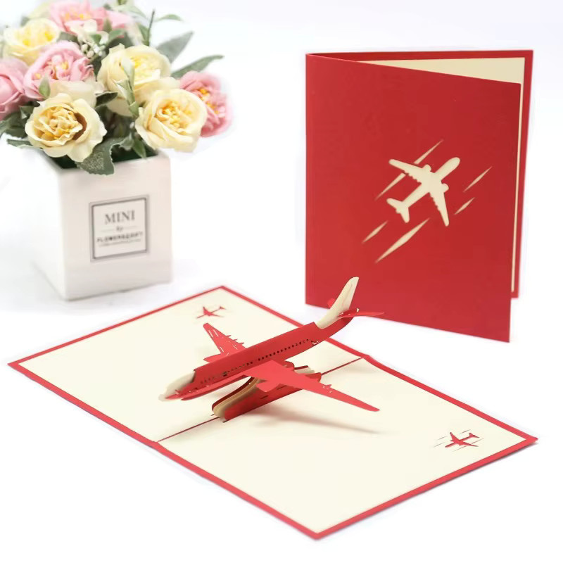 ZYF 3er Set 3D Flugzeug Grußkarten im Zivil Luftfahrt Stil, faltbare Einladungskarten in Blau, Rot und Grau - Bild 3