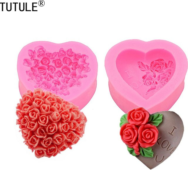 TUTULE Silikon Ausstechform Herz und Rose in Pink für Fondant, Schokolade und Seife - Bild 1
