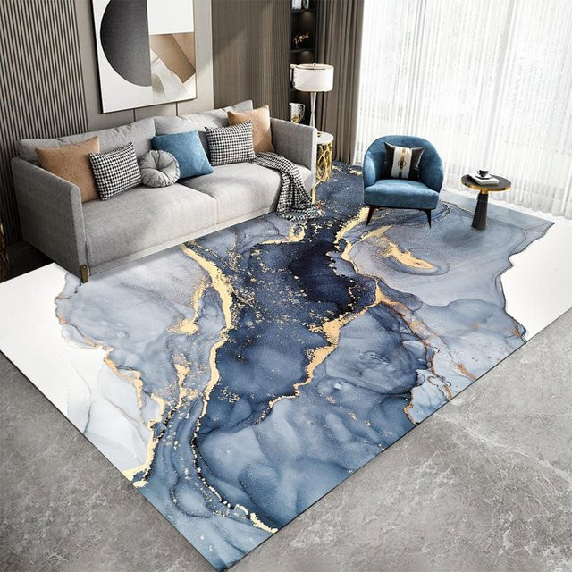 Binchi Furniture Marmorteppich mit abstraktem Design in Blau und Gold, B/T: 80 x 120 cm - Bild 1