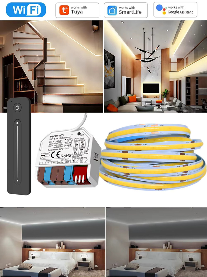 CENFAYA Tuya WiFi COB LED Streifen 24V mit Mini Controller, dimmbar, CCT Weiß, kompatibel mit Amazon Alexa und Home Assistant, inklusive Fernbedienung - Bild 7