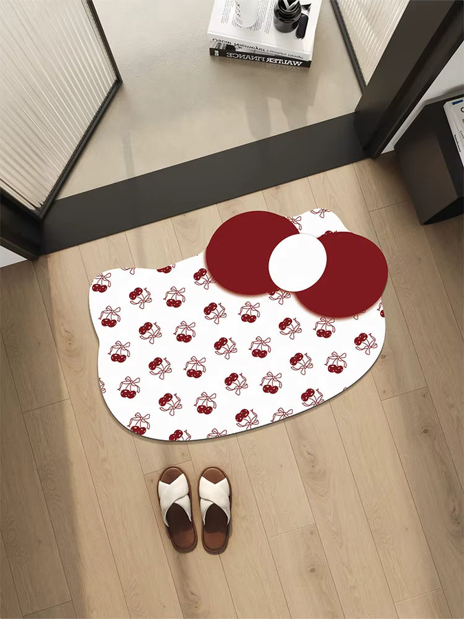 Rutschfeste Badezimmermatte mit Katzen-Bowknot und Kirschdruck, schnell absorbierend und schnell trocknend, Farbe: Weiß - Bild 3