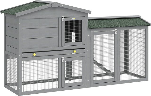 PawHut 2-stufiger Kaninchenstall aus Holz in Grau mit Asphalt-Dach, herausnehmbarer Schublade und Leiter für Meerschweinchen und Hamster, B/T/H: 150 x 45 x 85 cm - Bild 1