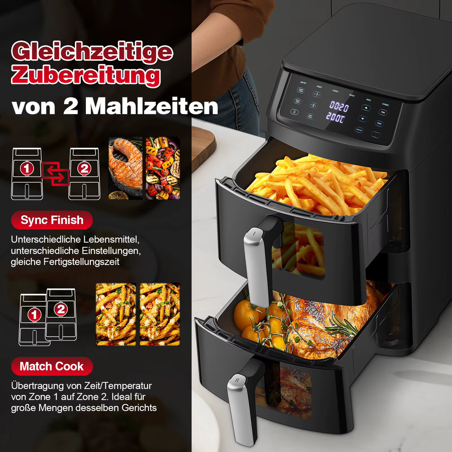 TopStrong Heißluftfritteuse mit Dual-Korb und 11 l Volumen, 2500W, 6-in-1-Funktionen, Schwarz - Bild 2