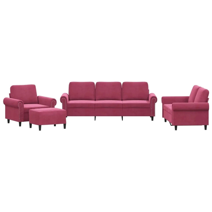 vidaXL 4-teilige Sofagarnitur aus Samt in Rot mit Kissen, 3-Sitzer, 2-Sitzer, Sessel und Ottoman für dein Wohnzimmer - Bild 2