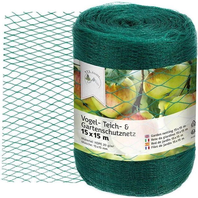 TTL GARDEN Vogelschutznetz Grün, 15 x 15 m, Maschenweite: 15 mm, Reißfestes UV-stabiles Gartennetz als Vogelabwehr, Teichnetz und Pflanzenschutznetz - Bild 1