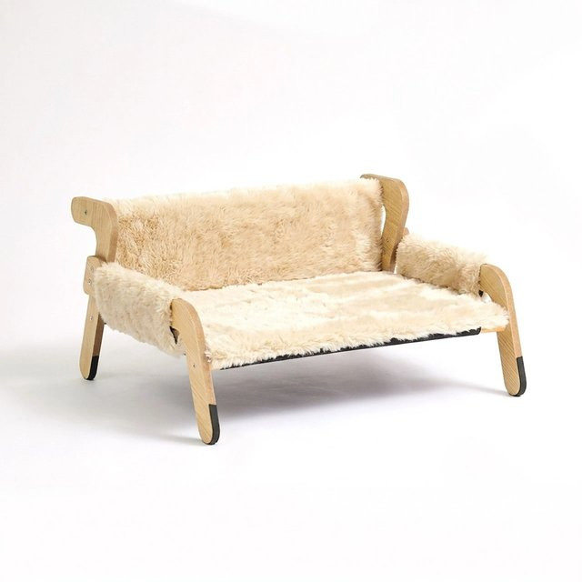 Relaxdays Katzenbett aus Holz und Polyester in Beige, erhöht und rutschfest mit Plüsch, B/T/H: 53 x 28,5 x 45,5 cm - Bild 1
