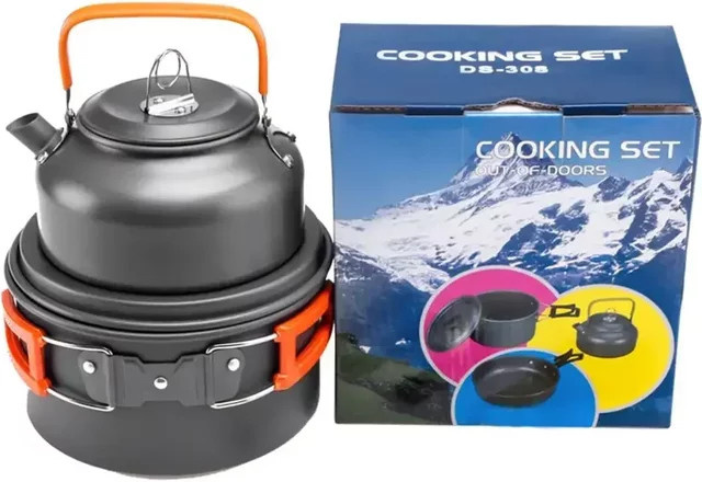 Tragbares Camping-Kochgeschirr-Set aus Aluminium in Grün mit Antihaftbeschichtung, bestehend aus Topf, Pfanne und Schüssel für Outdoor-Aktivitäten - Bild 1