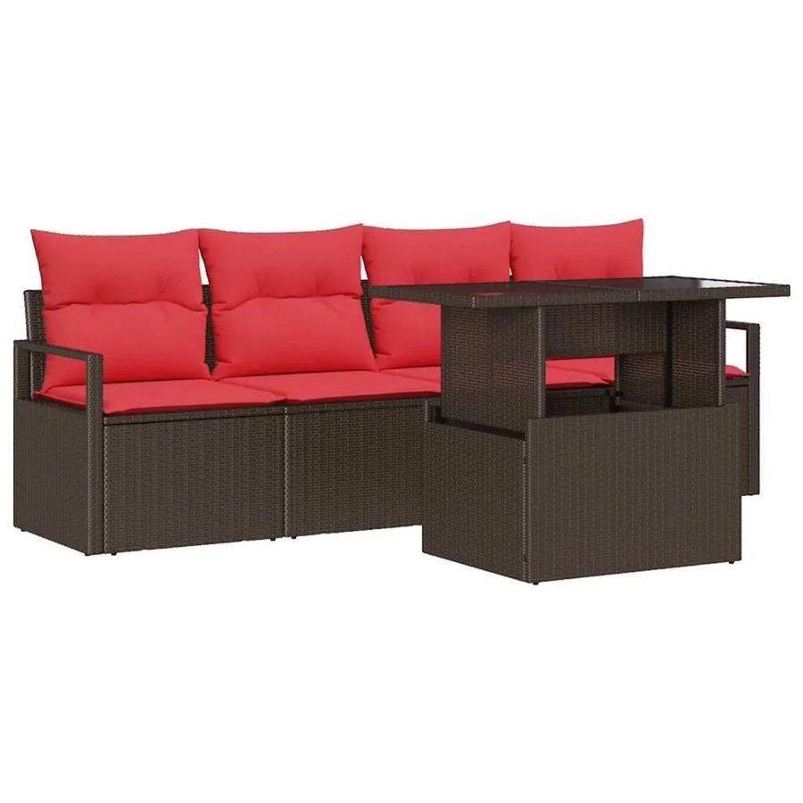 vidaXL Gartensofa-Set 5-teilig aus Poly-Rattan in Braun und Rot mit integriertem Stauraum und Polsterkissen - Bild 2