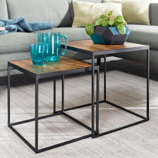 FineBuy Satztisch aus Massivholz in Braun, 2-teiliges Eckiges Couchtisch-Set im Industrial-Style, B/T/H: 44 x 44 x 40 cm und 40 x 40 x 40 cm - Bild 1
