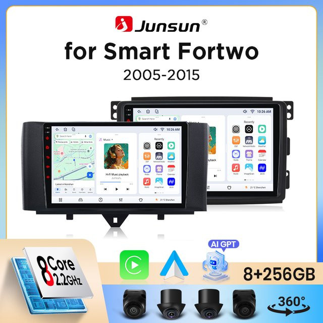 Junsun Wireless CarPlay und Android Auto Autoradio für Smart Fortwo W451 (2007-2014) mit GPS, WiFi, Bluetooth und IPS-Touchscreen in Schwarz - Bild 1