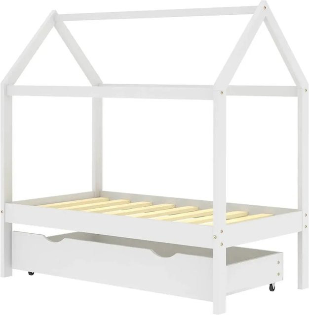 vidaXL Kinderbett aus Massivholz Kiefer mit Schublade, Weiß, B/T/H: 140 x 70 x 77 cm - Bild 1