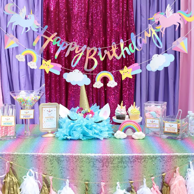 YONGSNOW Einhorn Geburtstag Banner aus Papier mit Wolken und Sternen, Bunting Girlande für Baby Shower und Party-Dekoration, Mehrfarbig - Bild 2