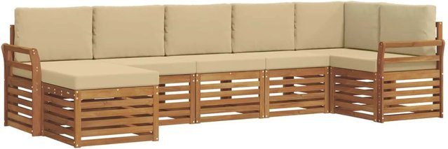 vidaXL Sofagarnitur 7-teilig L-Form aus Massivholz Akazie in Natur und Beige mit Polsterkissen und Latten-Design - Bild 1
