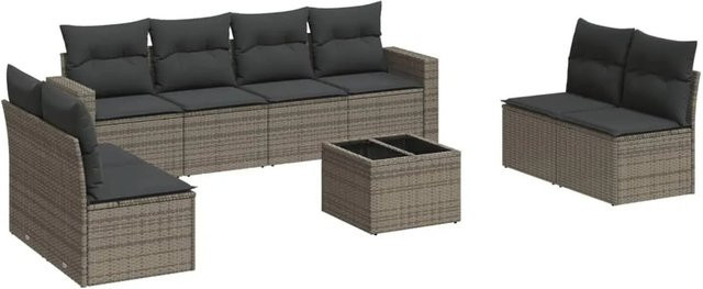 vidaXL 9-tlg. Garten-Sofagarnitur in L-Form aus Poly-Rattan mit Kissen und Couchtisch in Grau - Bild 1