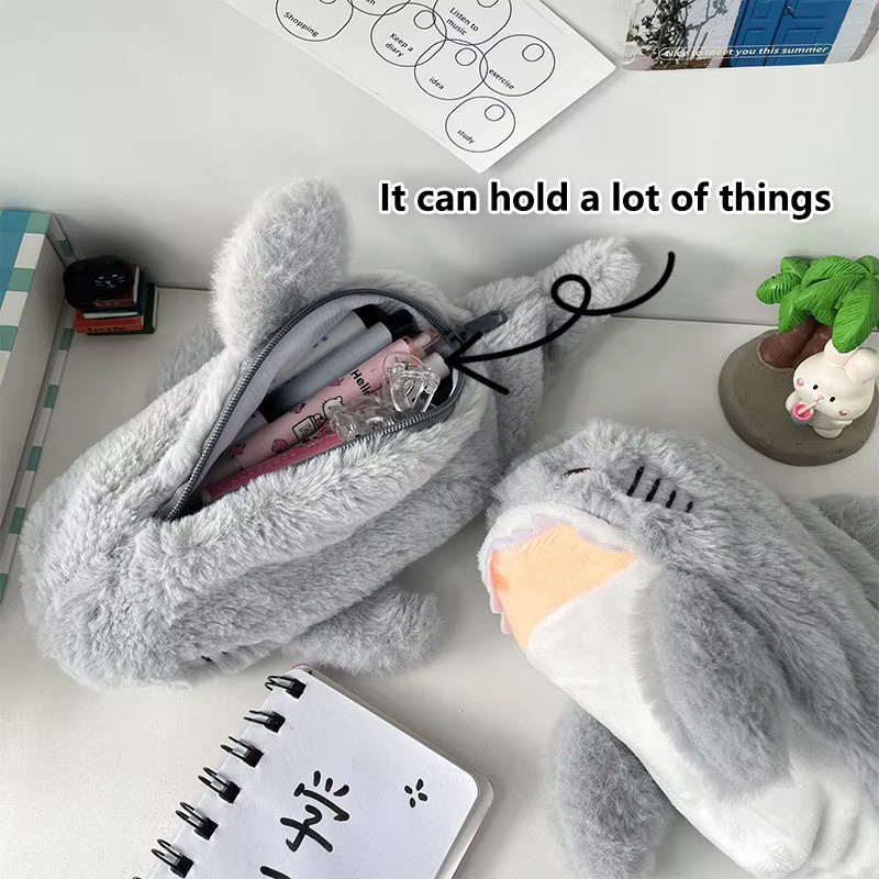 Plüsch Schreibwaren Etui in Hai-Design, graue Kosmetik- und Stiftebox mit großem Fassungsvermögen - Bild 2