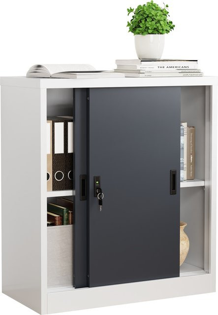 VCM Malivo Metall Büroschrank mit Schiebetüren und Schloss, 2-fach mit höhenverstellbaren Fachböden, H x B x T: 90 x 80 x 40 cm - Bild 1
