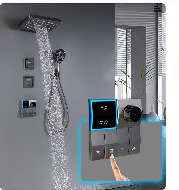 Qlonn LED-Duschset mit Digitaldisplay, 4-Funktionen Regenduschkopf und Unterputz-Thermostatmischer aus Messing in Chrom - Bild 1