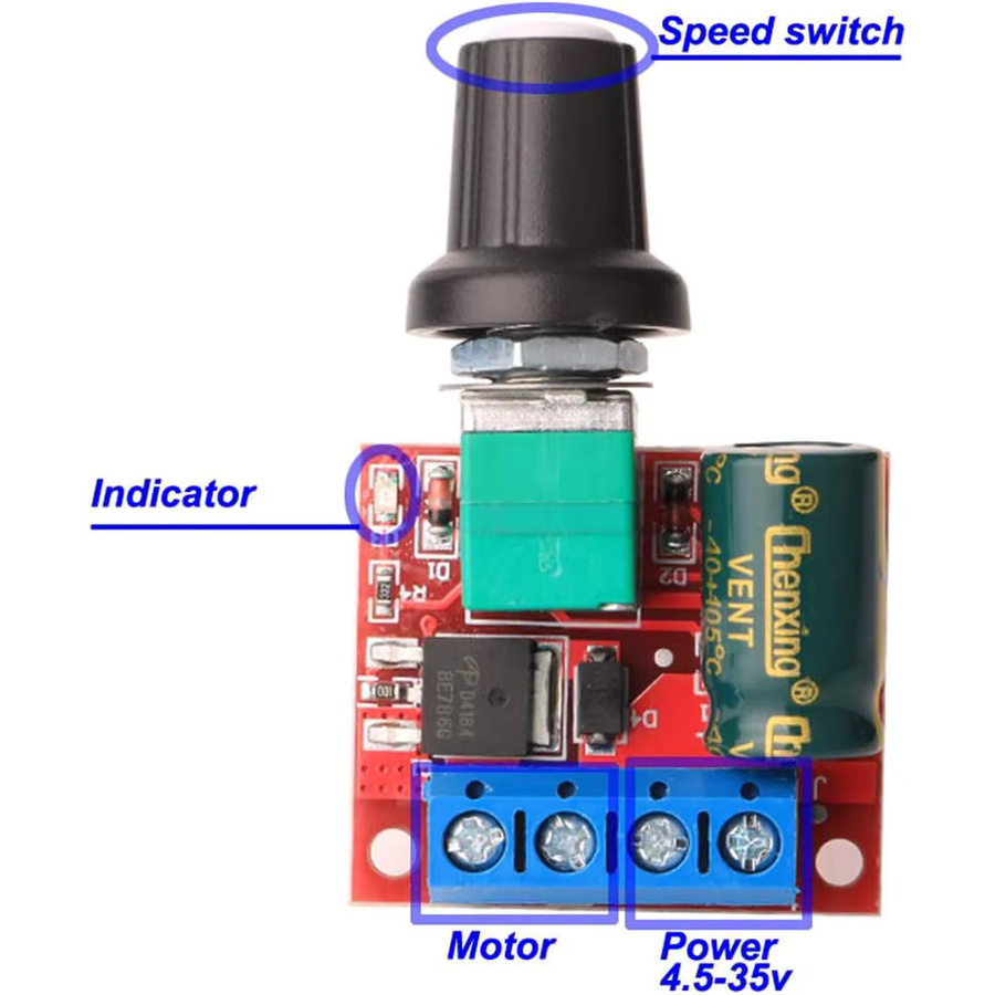 AOKIN Mini DC Motor PWM Drehzahlregler zur Geschwindigkeitssteuerung, 5V-35V 5A, variabel für 6V 12V 24V, Multicolor - Bild 4
