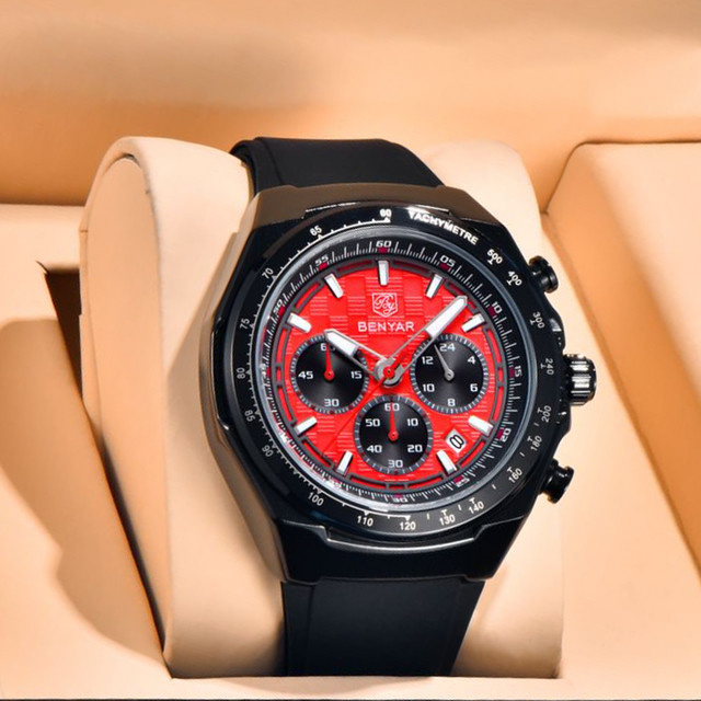 BENYAR Chronograph Herrenuhr, Quarz, Schwarz, Silikon, Datum - Bild 1