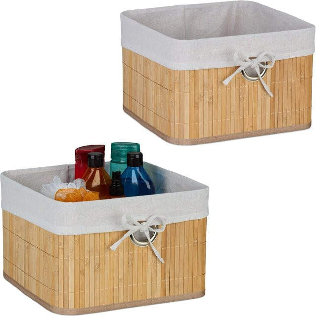 Relaxdays Aufbewahrungskorb Set aus Bambus mit Stoffeinlage in Beige, 2er Pack, B/T/H: 20 x 31 x 31 cm - Bild 1