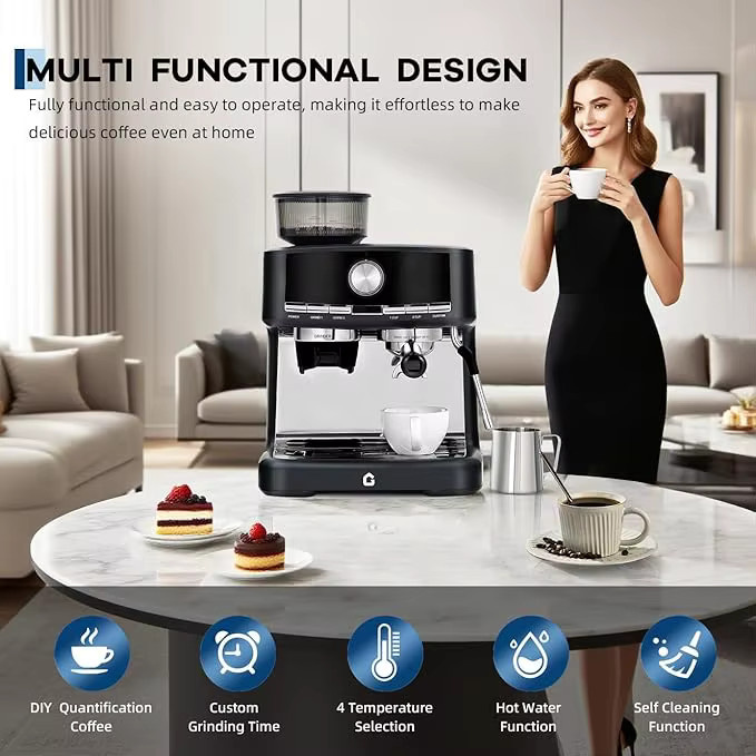 HiMISS Halbautomatische Kaffeemaschine in Schwarz mit integriertem Mahlwerk, 15 bar Pumpendruck, 30 Mahlgradeinstellungen, 58 mm Siebträger, herausnehmbarem Wassertank und manueller Milchaufschäumdüse - Bild 2