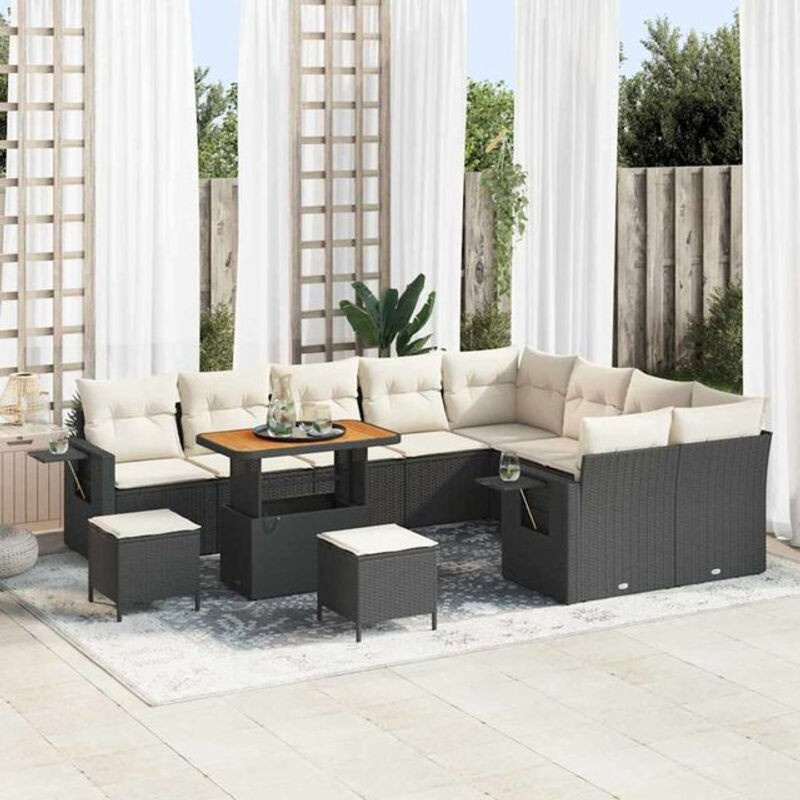 Vidaxl Polyrattan Garten-Sofa-Set aus 12 Teilen in Schwarz und Creme mit Fußhocker und Stauraum, Modernes Loungemöbel-Set aus Stahl, B/T/H: 90 x 55 x 71 cm - Bild 1