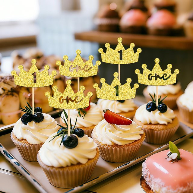 YOMDID 24 Stück Glitzer-Kronen-Cupcake-Topper in Gold für Geburtstag und Babyparty als Kuchenaufsätze und Partydekoration - Bild 1