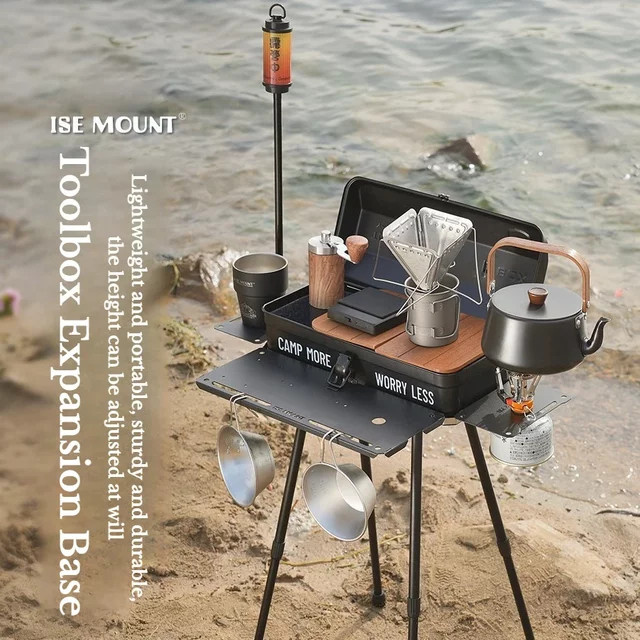 ISE MOUNT Outdoor Picknick-Klapptisch, tragbarer und erweiterbarer Camping-Tisch aus Metall in Schwarz mit Lichthalterung - Bild 1