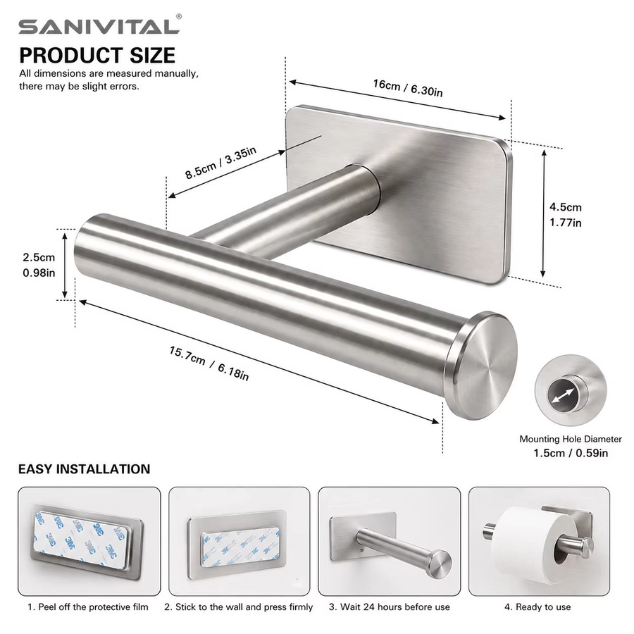SANIVITAL Toilettenpapierhalter aus Edelstahl in Silber, selbstklebend oder wandmontiert, rostbeständig - Bild 2
