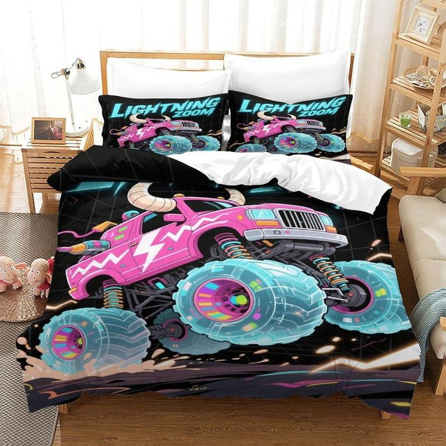 Flylo Monster Truck Bettwäsche-Set aus Mikrofaser mit 3D-Cartoon-Print, Mehrfarbig, B/H: 135 x 200 cm - Bild 1